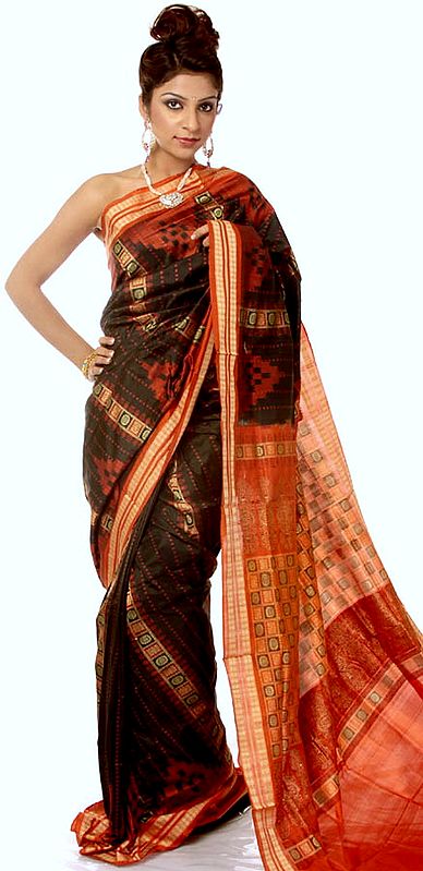 Black and Orange Sambhalpuri Sari with All-Over Ikat Weave from Orissa