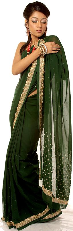 Deep-Green Sari from Lucknow with Dense Embroidery on Border