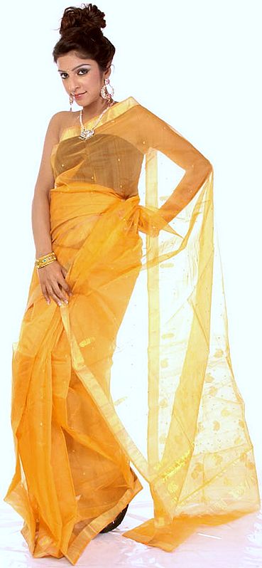Tangerine Chanderi Sari with All-Over Woven Paisleys