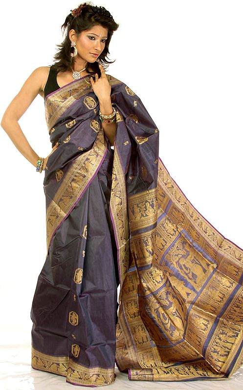 Deep-Blue Radha Krishna Baluchari Sari Hand-woven in Bengal