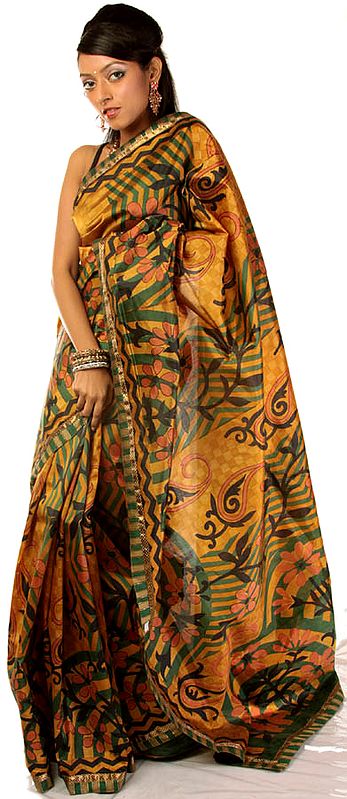 Golden Printed Sari from Bangalore with Patch Border