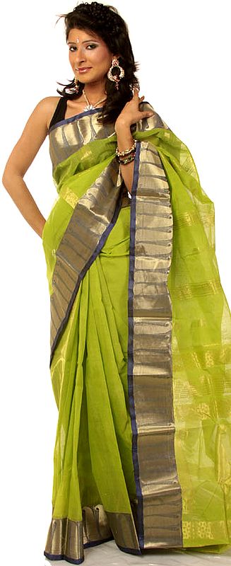 Lime-Green Bengal Cotton Sari with Giant Paisleys Woven in Golden Thread