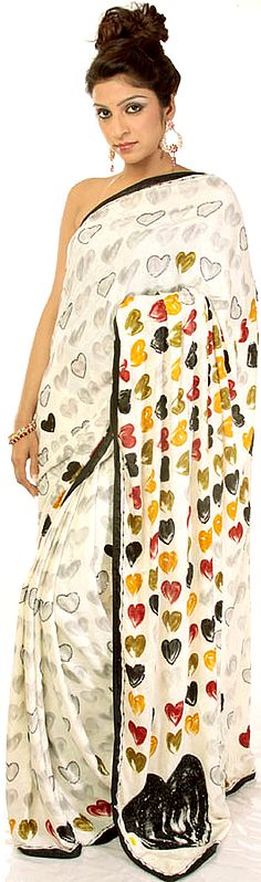 Ivory Designer Sari with Printed Hearts and Beadwork