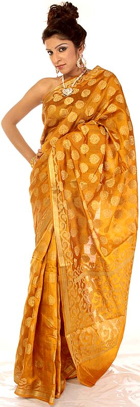 Mustard Banarasi Sari with Woven Leaves All-Over
