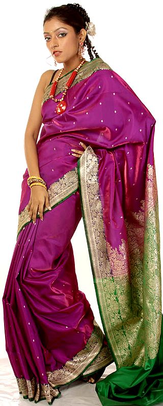Purple and Green Banarasi Sari with Golden Bootis and Brocaded Anchal
