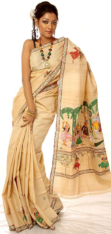 Beige Hand-Painted Pata Chitra Sari from Orissa with Lord Krishna on a Swing