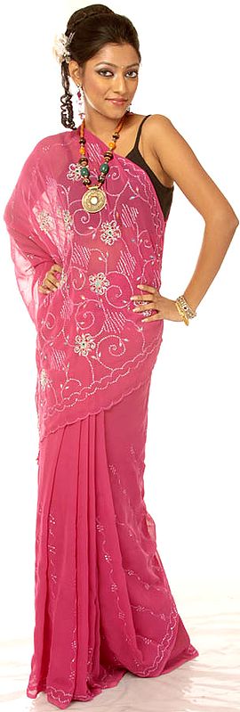 Purple Sari with Sequins and Beadwork