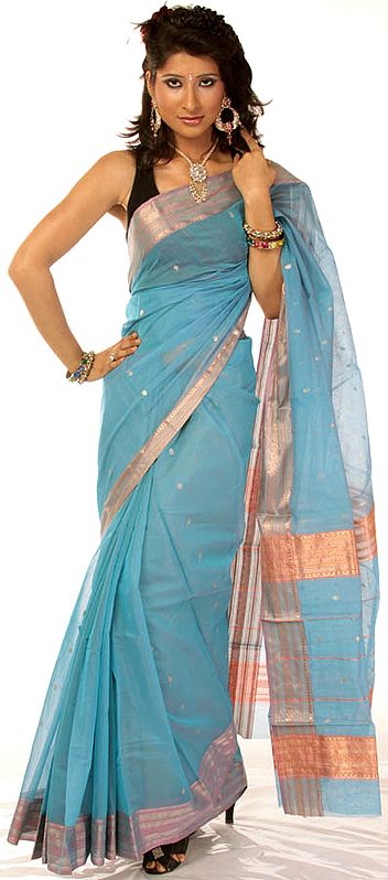 Light-Blue Chanderi Sari Hand-woven in Madhya Pradesh