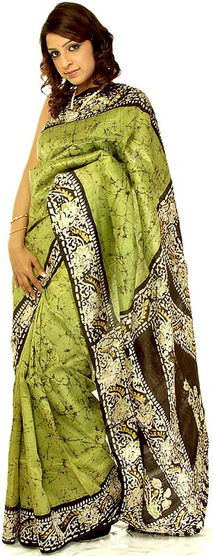 Green and Black Batik Sari from Kolkata