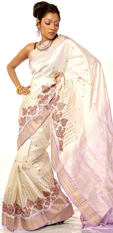 Ivory Sari from Mysore with Sequins and Intricately Embroidered Paisleys