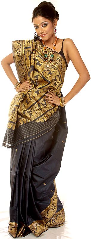 Navy-Blue Baluchari Sari Hand-woven in Bengal with Mythological Episodes
