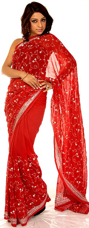 Red Sari with All-Over Crewel Embroidery and Sequins