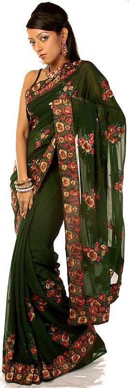 Dark-Green Wedding Sari with Parsi Embroidered Flowers All-Over