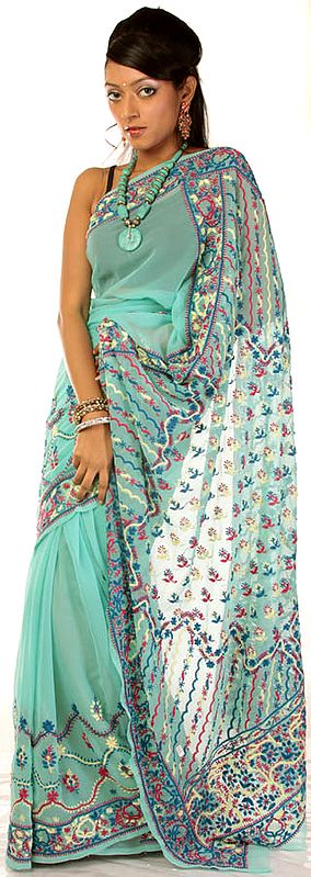 Aqua-Marine Chikan Embroidered Sari from Lucknow