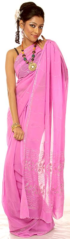Plain Pink Sari with Embroidered Sequins