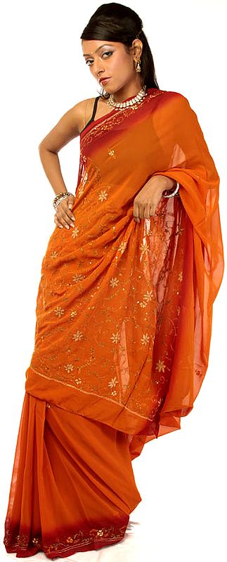 Orange and Maroon Sari with Parsi Embroidery