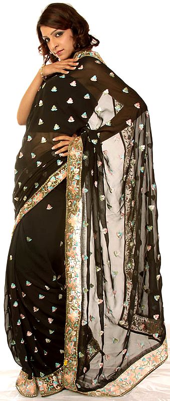 Black Wedding Sari with Aari Embroidered Flowers on Border
