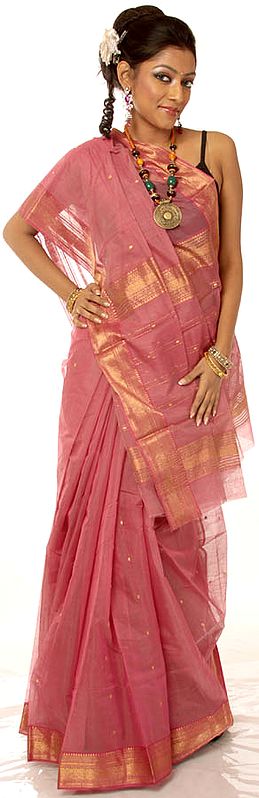 Chestnut Chanderi Sari from Madhya Pradesh with Golden Thread Weave