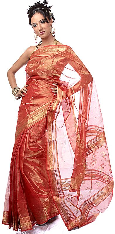 Red Tissue Chanderi Sari with Golden Thread Weave