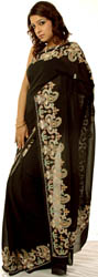 Black Sari from Lucknow with Intricate Embroidered Paisleys