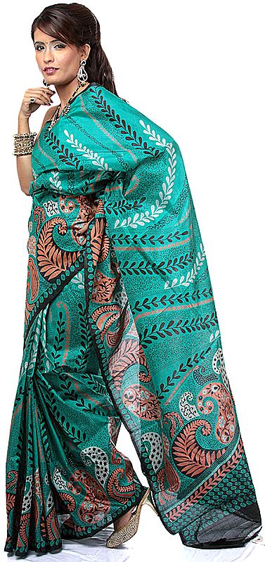 Green Block-Printed Sari from Kolkata