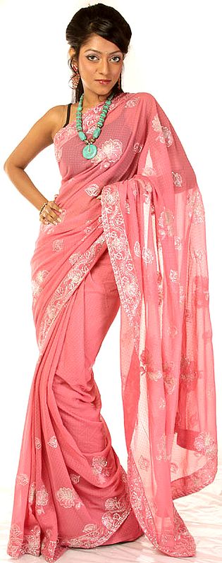 Rose Pink Sari with Crewel Embroidered Flowers and Mokaish Work All-Over