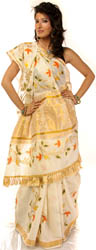 Ivory Kasavu Sari from Kerala with Golden Thread Weave, Hand-painted in Bihar