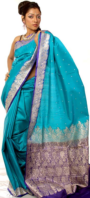 Azure-Blue Banarasi Sari with Golden Bootis and Brocaded Anchal