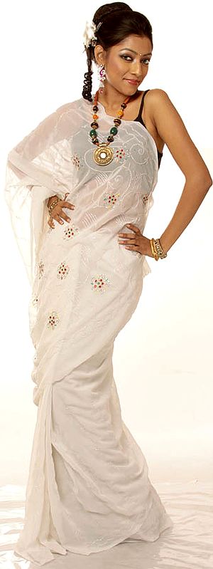 White Sari with Embroidered Sequins and Beadwork