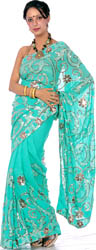Aqua-Marine Designer Sari with Bold Motifs Embroidered with Sequins