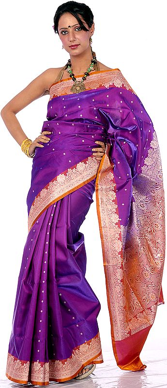 Purple Banarasi Sari with Golden Bootis and Brocaded Anchal