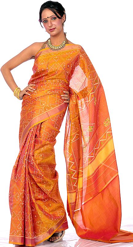 Amber Di-chroic Gujarati Patan Patola Sari with Ikat Weave