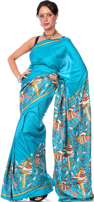 Robin-Egg Turquoise Kantha Sari with Hand-Embroidered Birds