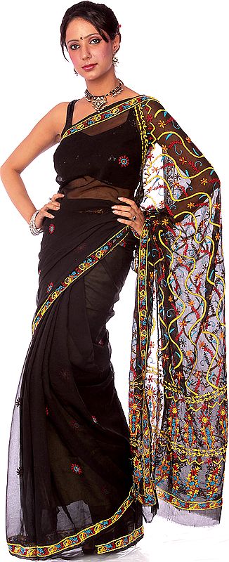 Black Hand-Embroidered Chikan Sari from Lucknow