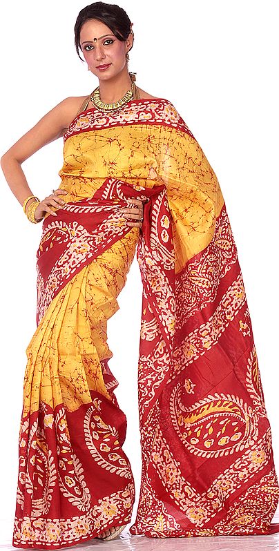 Yellow and Red Batik Sari from Kolkata with Printed Paisleys