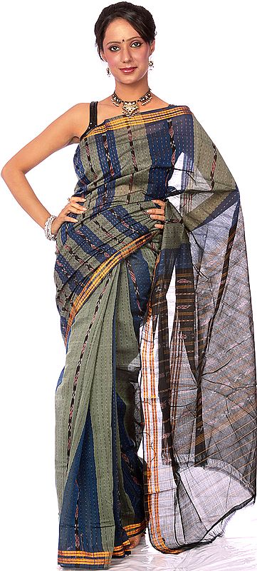 Blue and Gray Sambhalpuri Ikat Sari from Orissa