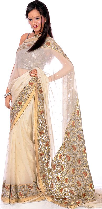 Ivory Banarasi Sari with Flowers Woven by Hand on Border and Anchal