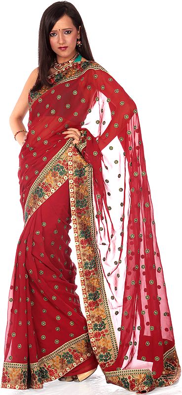 Maroon Wedding Sari with Parsi Embroidered Flowers All-Over