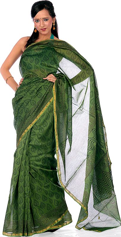 Green Chanderi Sari with All-Over Block-Printed Leaves