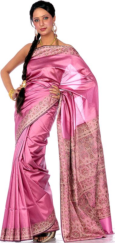 Plain Pink Banarasi Sari with Jacquard Weave on Anchal