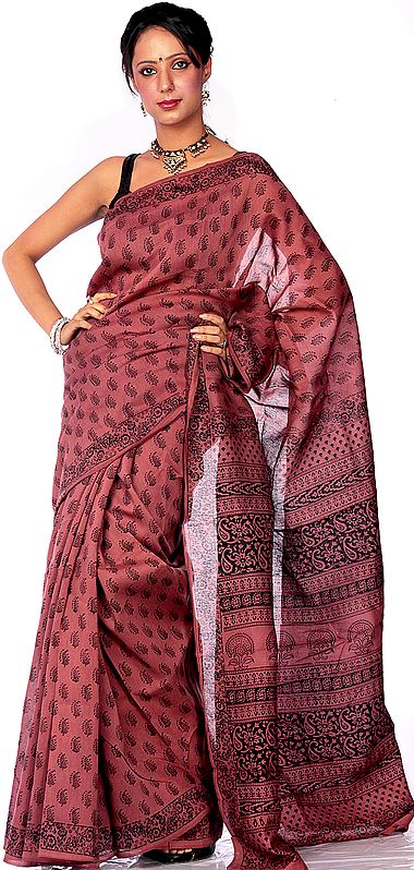 Chestnut Chanderi Sari with All-Over Block-Printed Paisleys