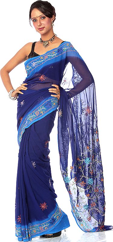 Navy-Blue Sari with Parsi Embroidered Flowers