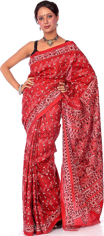 Red Kantha Sari with Hand-Embroidered Figures Inspired by Warli Art