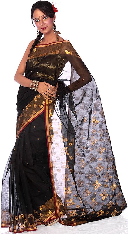 Black Chanderi Sari with All-Over Golden Thread Weave and Tissue Border