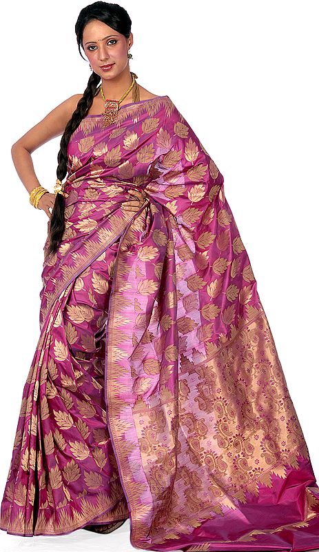 Purple Jamdani Sari from Banaras with Woven Leaves