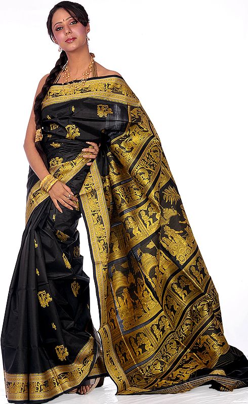 Black Baluchari Sari Hand-woven in Bengal with Krishna's Gita Discourse at Kurukshetra