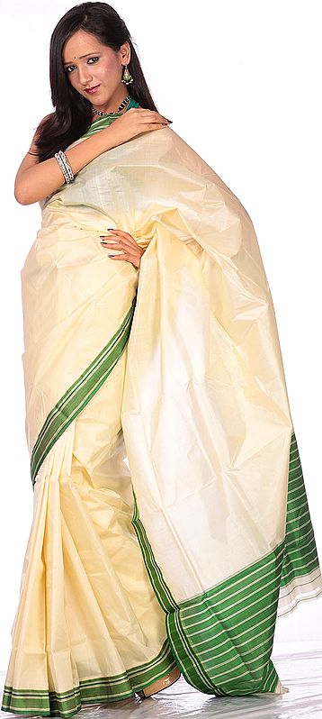 Cream Hand-woven Garad Sari from Bengal with Green Border