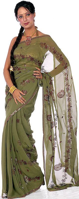 Vineyard-Green Sari with Embroidered Sequins