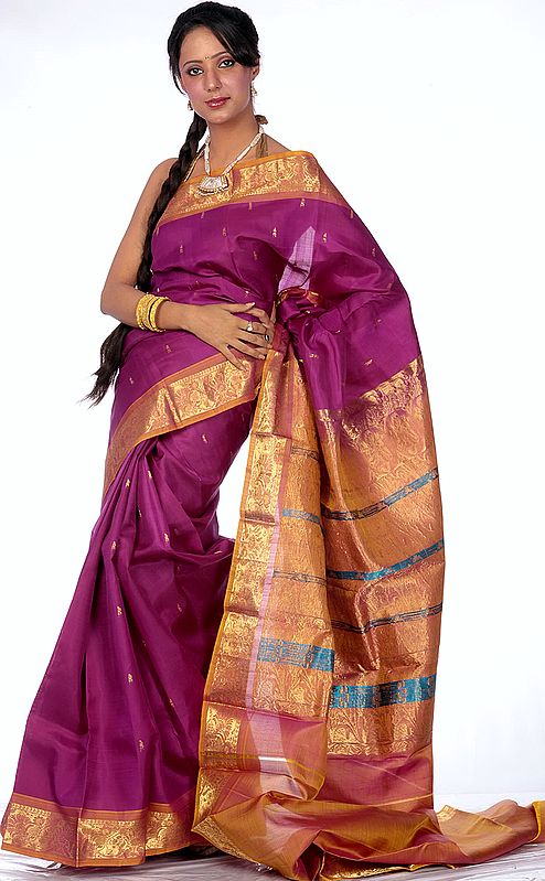 Purple Kanjivaram Sari with Woven Bootis and Border in Golden Thread