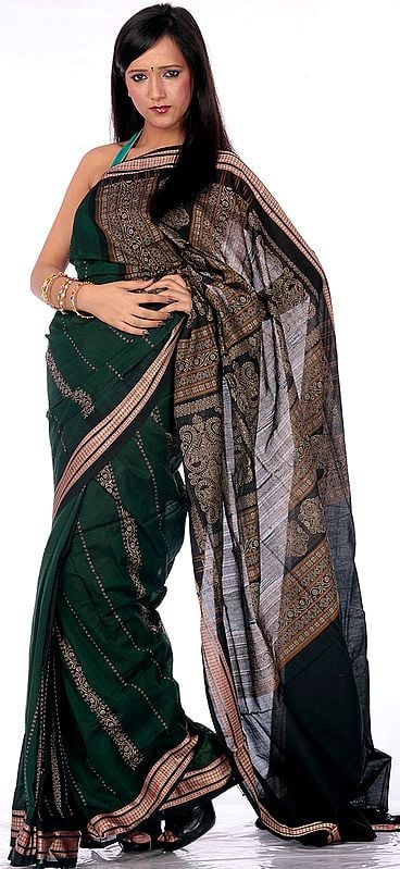Green Bomkai Sari from Orissa with Thread Weave on Anchal